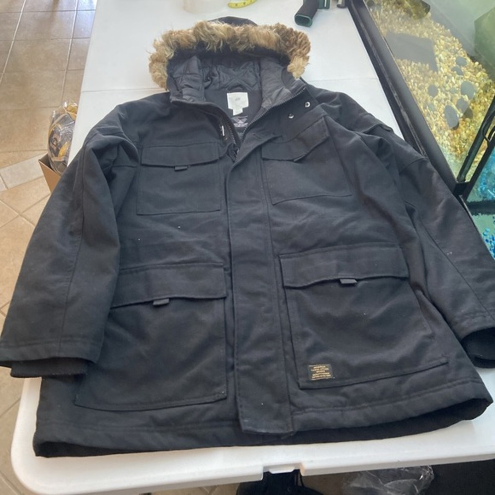 H&M men's jacket XL black mens faux fur hood heavy‎ winter